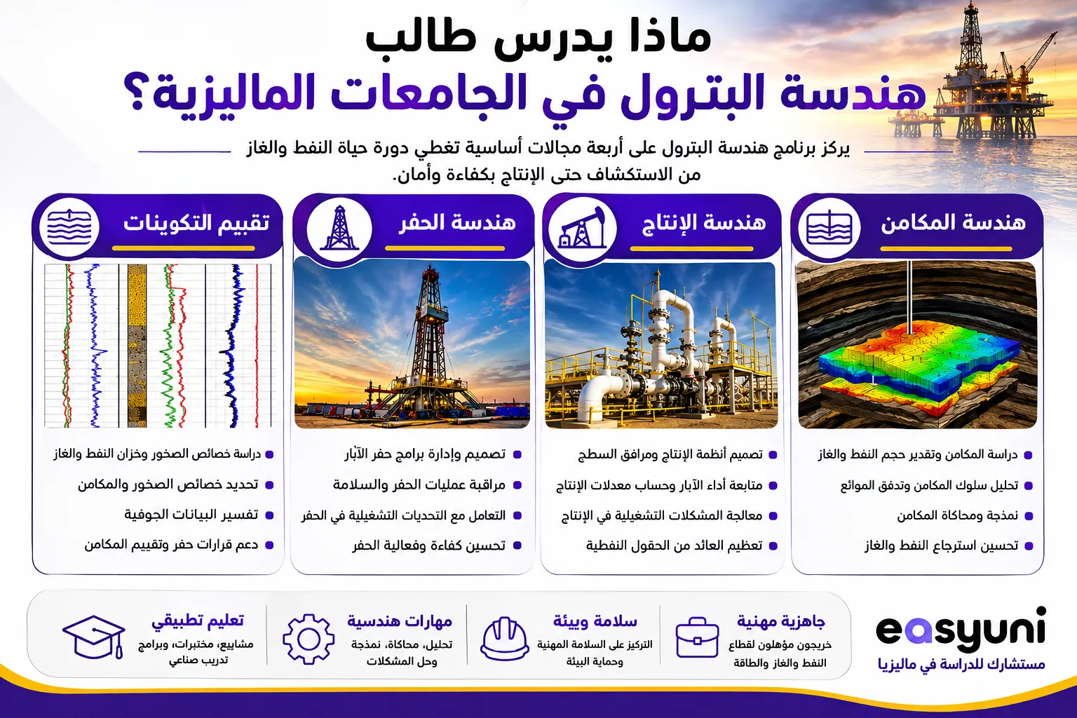 إنفوجرافيك يوضح ماذا يدرس طالب هندسة البترول في الجامعات الماليزية، بما يشمل هندسة المكامن والحفر والإنتاج وتقييم التكوينات.