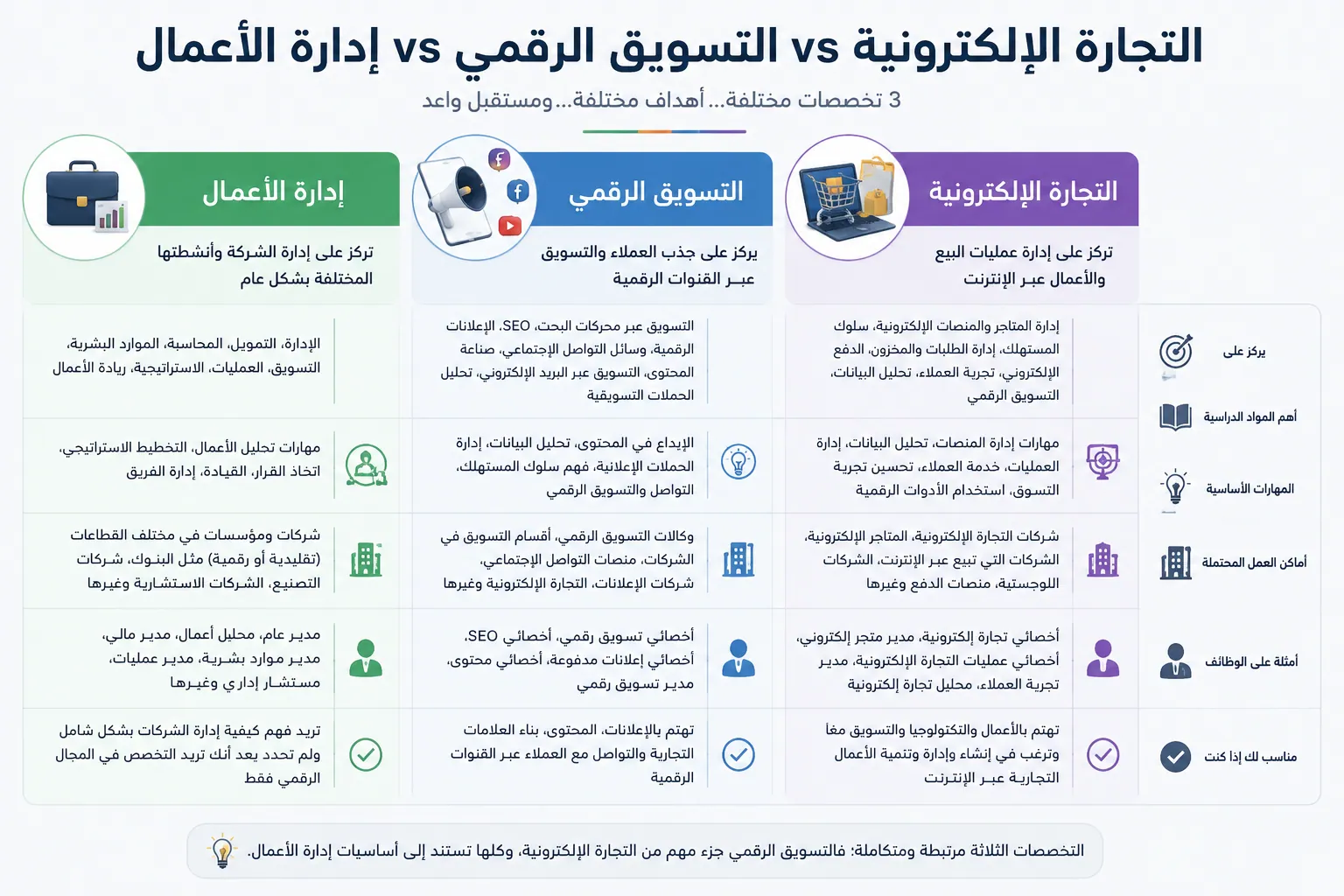 مقارنة بين التجارة الإلكترونية والتسويق الرقمي وإدارة الأعمال توضح مجالات الدراسة والمهارات والوظائف والتخصص المناسب لكل طالب.