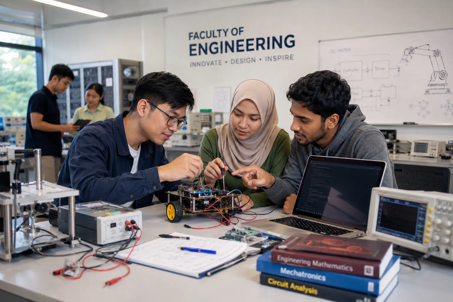 طلاب يدرسون الهندسة في ماليزيا ويعملون على مشروع هندسي عملي داخل مختبر جامعي