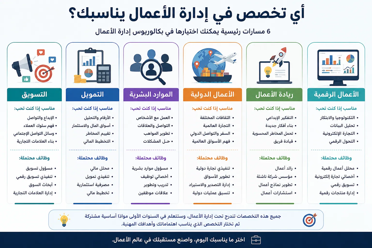 مقارنة تخصصات إدارة الأعمال في ماليزيا تشمل التسويق والتمويل والموارد البشرية والأعمال الدولية وريادة الأعمال والأعمال الرقمية