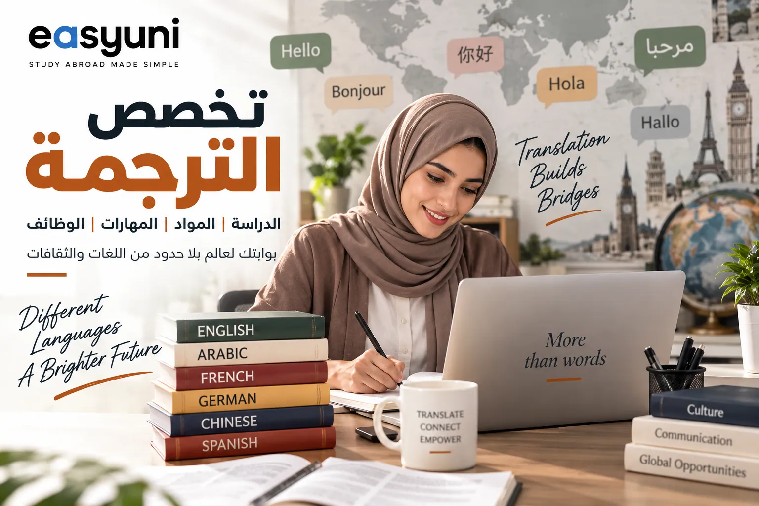 طالبة عربية تدرس تخصص الترجمة وتتعلم لغات متعددة استعدادًا للعمل في مجالات الترجمة المختلفة