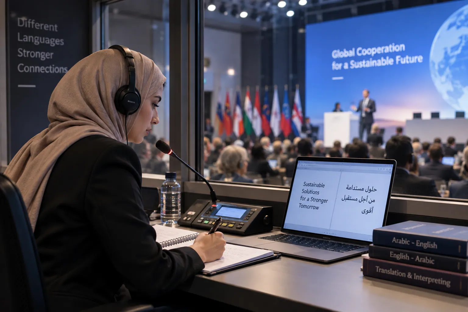 مترجمة عربية تعمل في الترجمة الفورية داخل مؤتمر دولي باستخدام سماعة وميكروفون