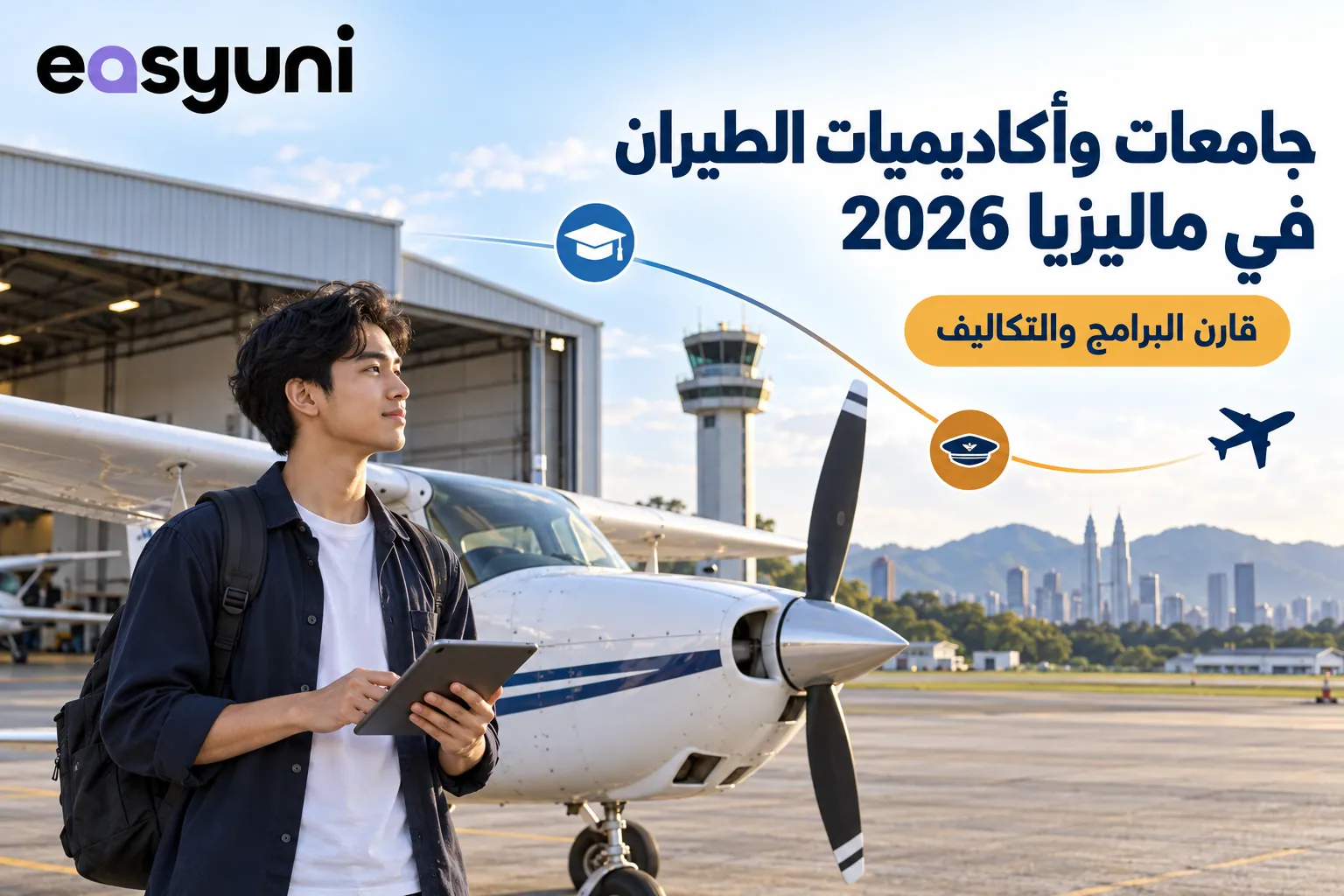 طالب أمام طائرة يستعرض جامعات وأكاديميات الطيران في ماليزيا 2026