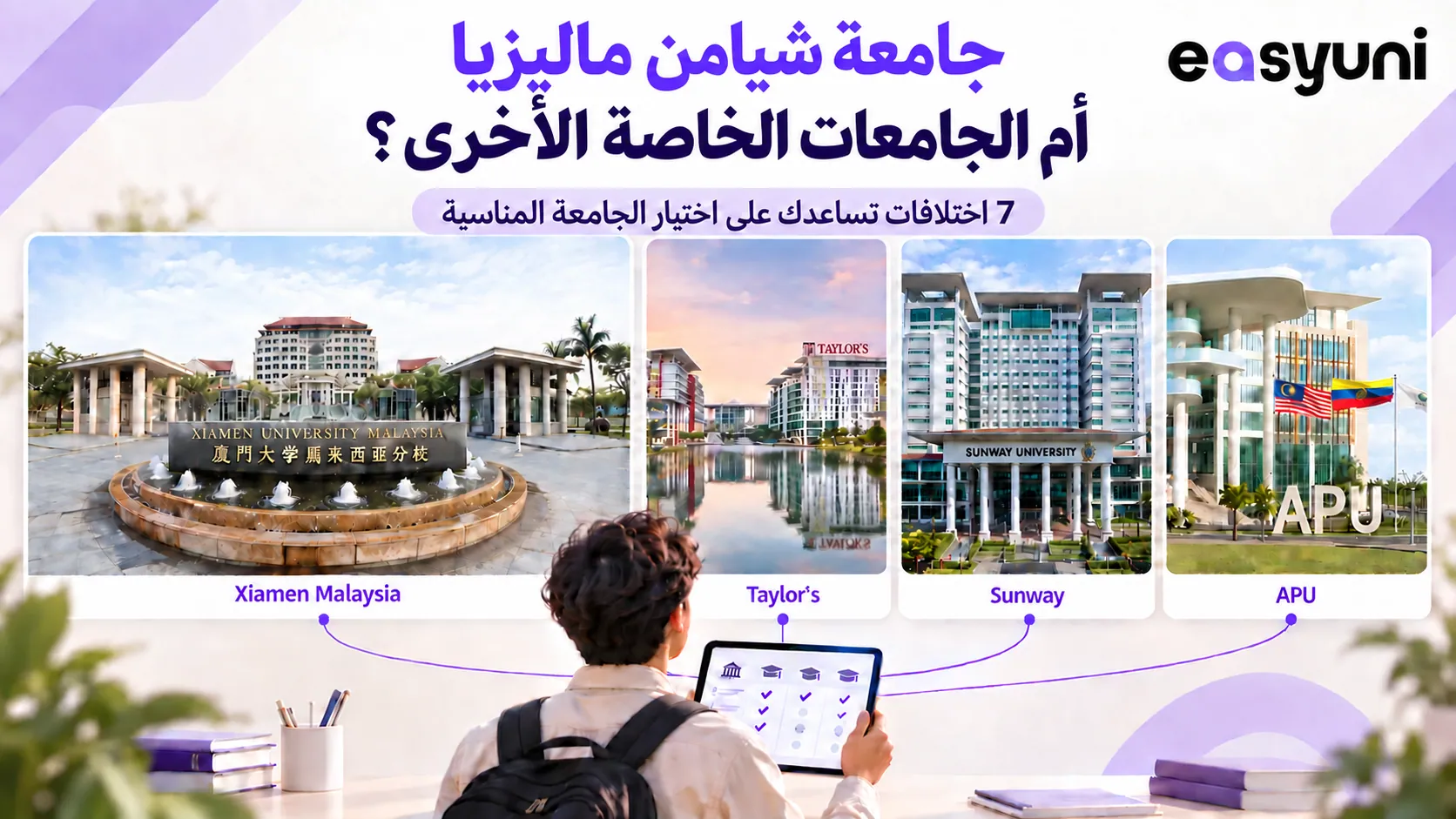 طالب يقارن بين جامعة شيامن ماليزيا وجامعات تايلورز وصنواي وAPU الخاصة بمساعدة EasyUni لاختيار الجامعة المناسبة