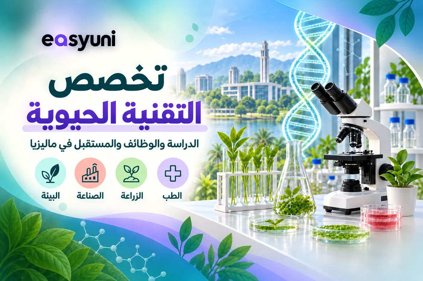 غلاف تخصص التقنية الحيوية في ماليزيا، ويظهر مختبرًا حديثًا ومجهرًا وحمضًا نوويًا ونباتات، مع مجالات الطب والزراعة والصناعة والبيئة.