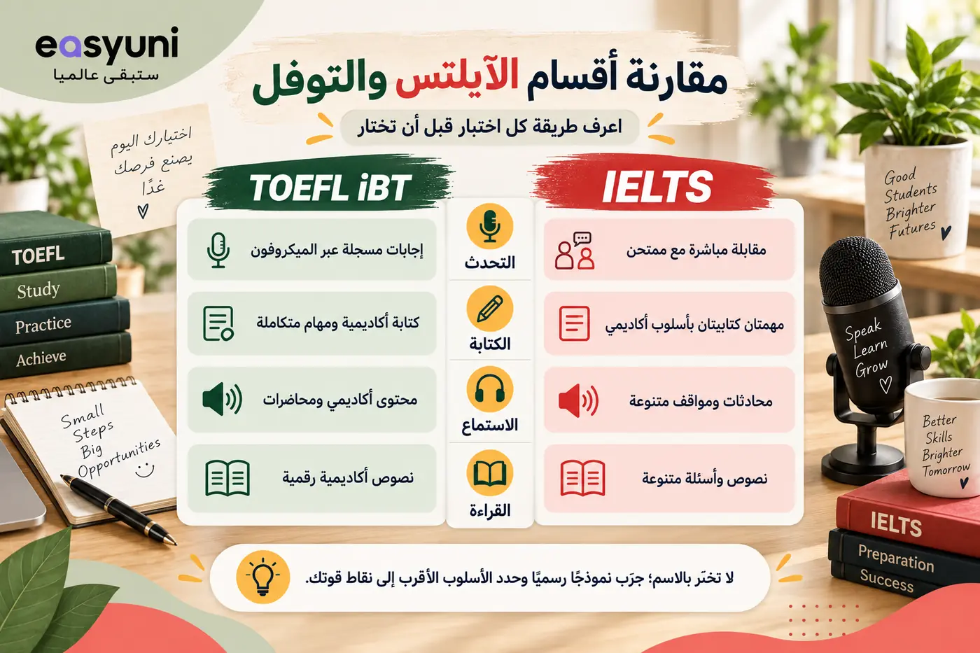 إنفوجرافيك يقارن بين الآيلتس والتوفل في أقسام التحدث والكتابة والاستماع والقراءة، ويوضح أسلوب كل اختبار لمساعدة الطلاب على اختيار الأنسب.