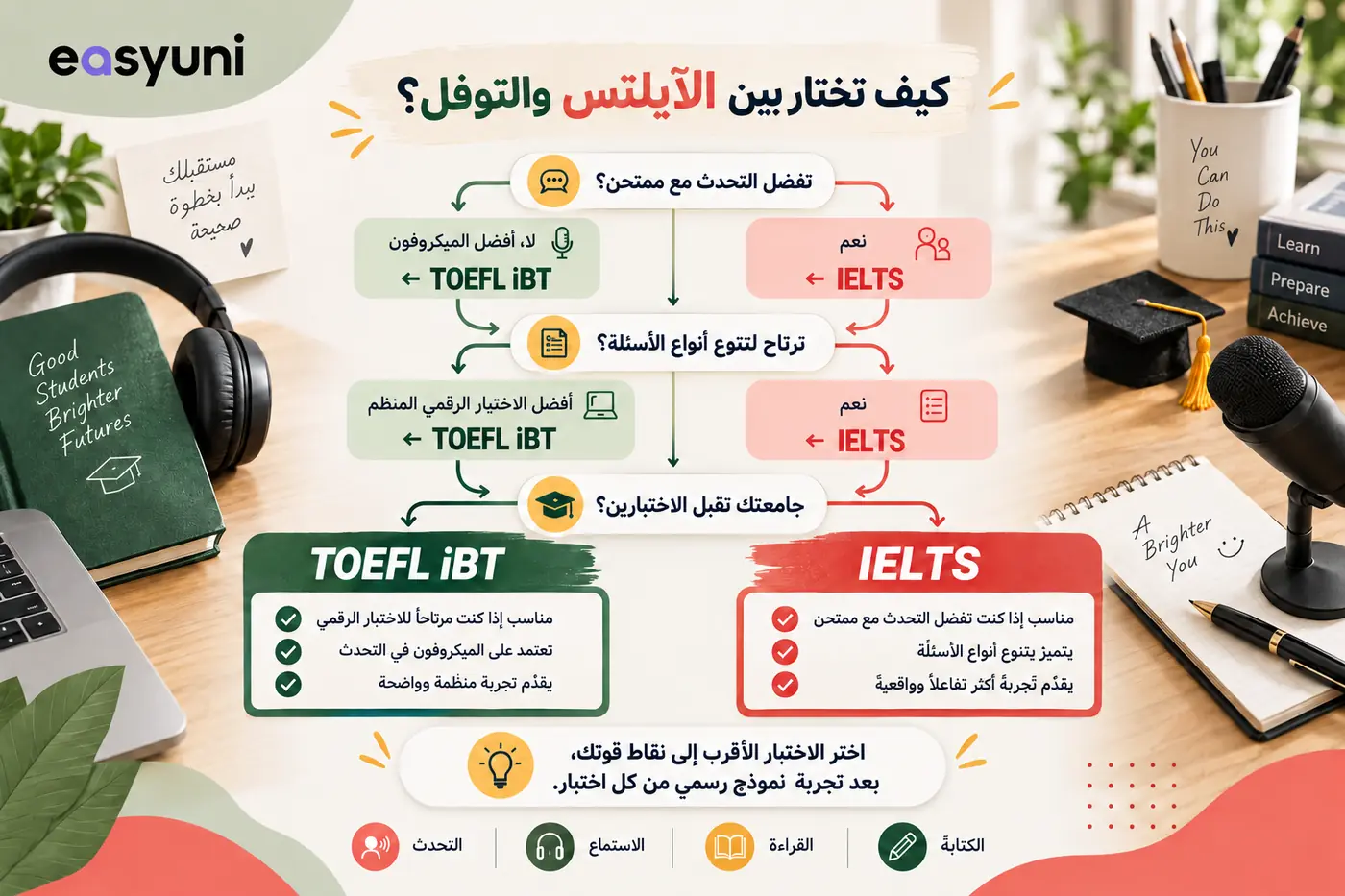 إنفوجرافيك يوضح كيفية الاختيار بين الآيلتس والتوفل بناءً على طريقة اختبار التحدث، وتنوع الأسئلة، ونقاط قوة الطالب.