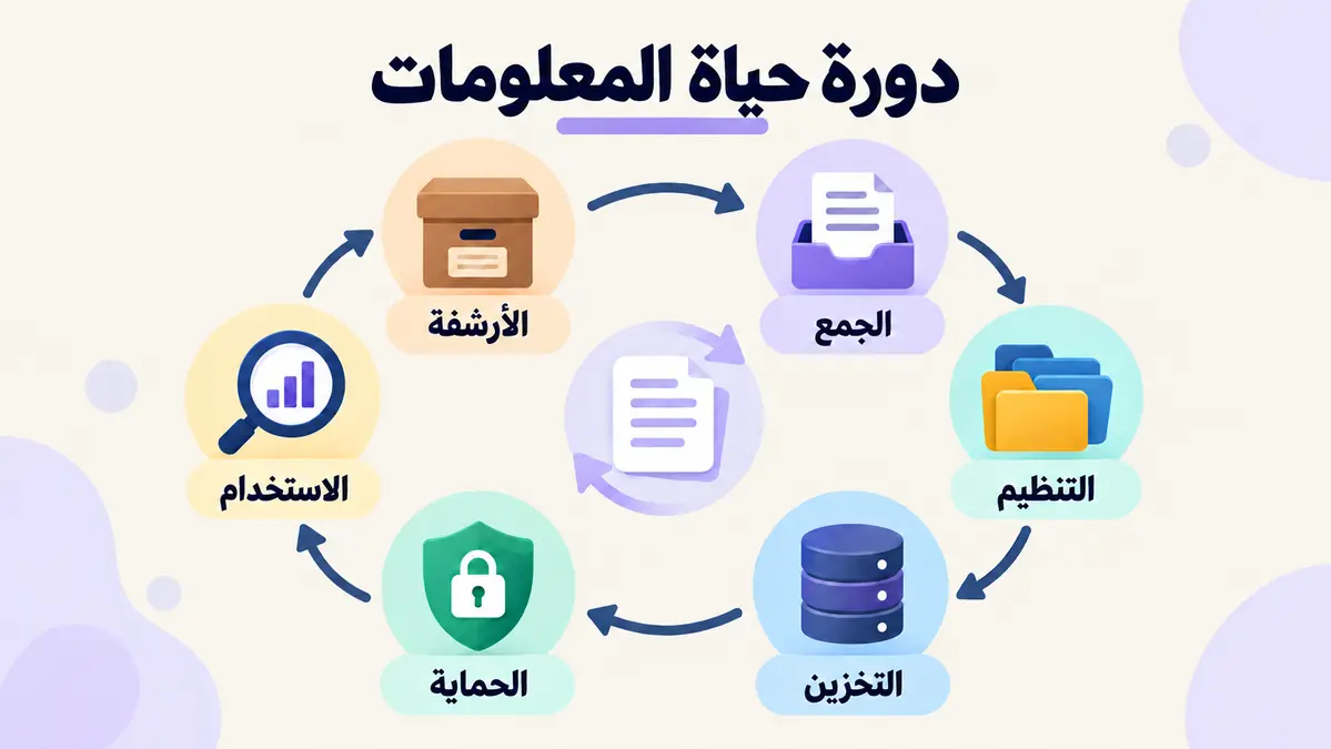 إنفوجرافيك يوضح دورة حياة المعلومات من الجمع والتنظيم إلى التخزين والحماية والاستخدام والأرشفة