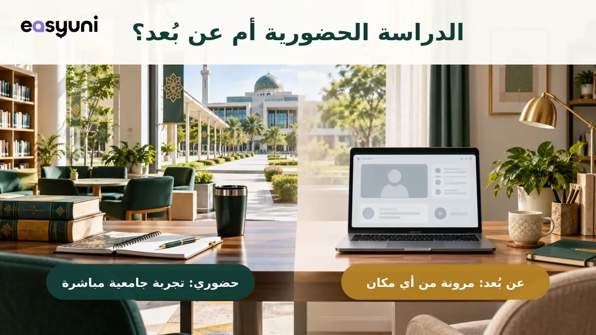 مقارنة بين الدراسة الحضورية والدراسة عن بُعد في جامعة المدينة العالمية بماليزيا، توضح تجربة الدراسة داخل الحرم الجامعي ومرونة التعلم الإلكتروني من أي مكان.