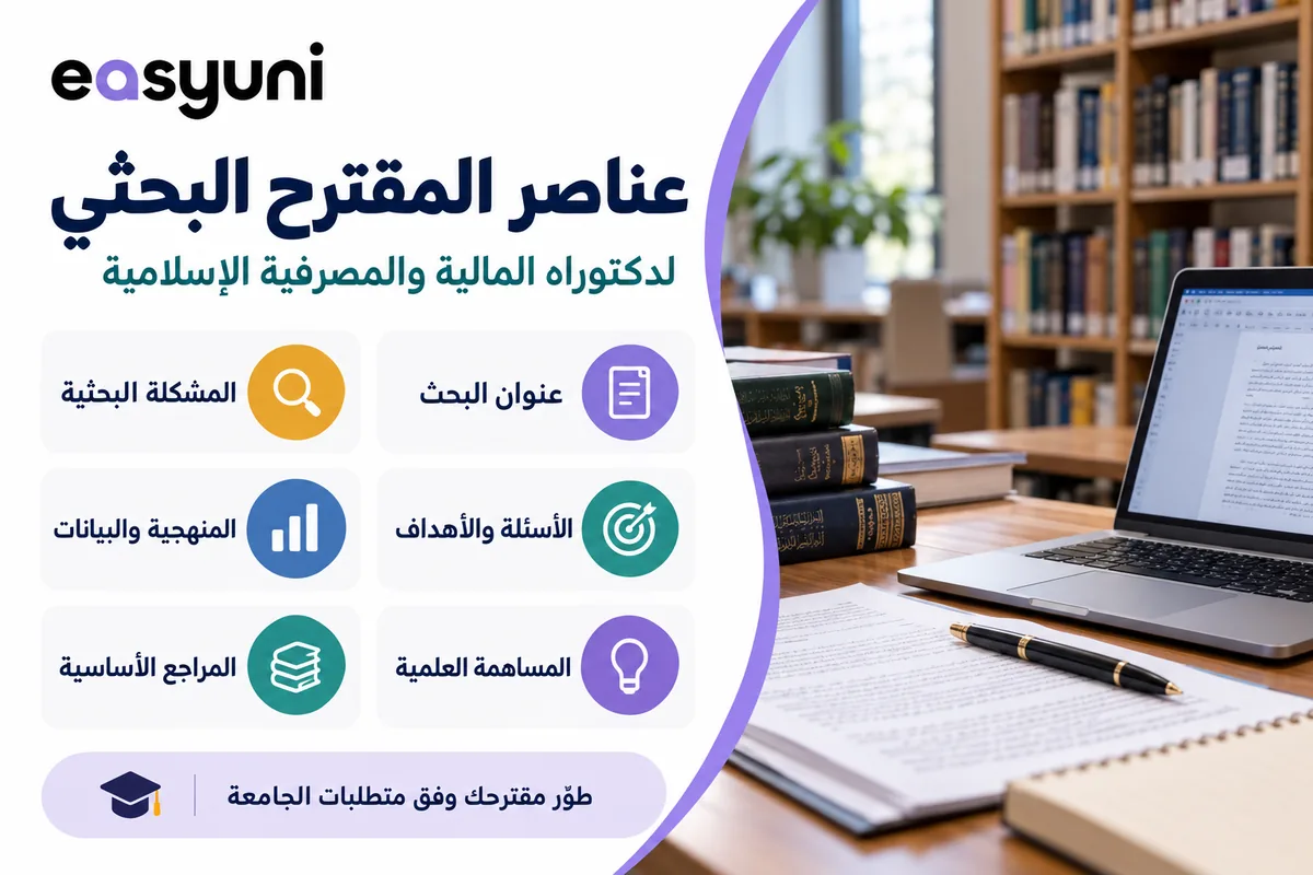 عناصر المقترح البحثي: عنوان البحث، المشكلة البحثية، الأسئلة والأهداف، المنهجية والبيانات، المساهمة العلمية والمراجع.