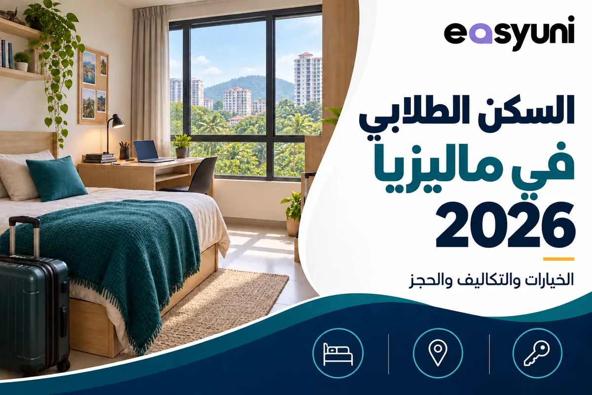 تصميم توضيحي لغرفة طالب تضم سريرًا ومكتبًا، بعنوان السكن الطلابي في ماليزيا 2026، مع شعار إيزي يوني.