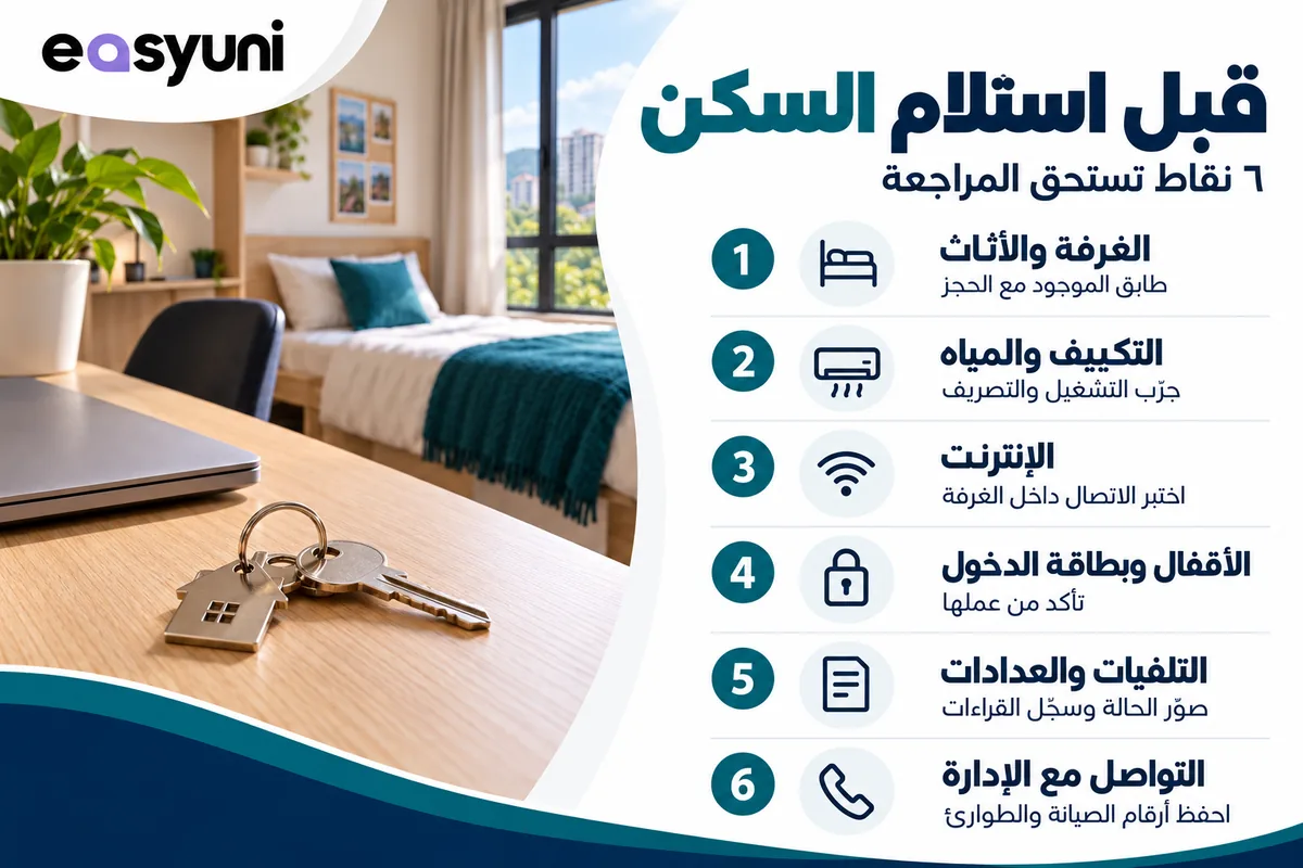 قائمة فحص السكن قبل الاستلام: الأثاث والتكييف والمياه والإنترنت والأقفال وتوثيق التلفيات وبيانات التواصل مع الإدارة.