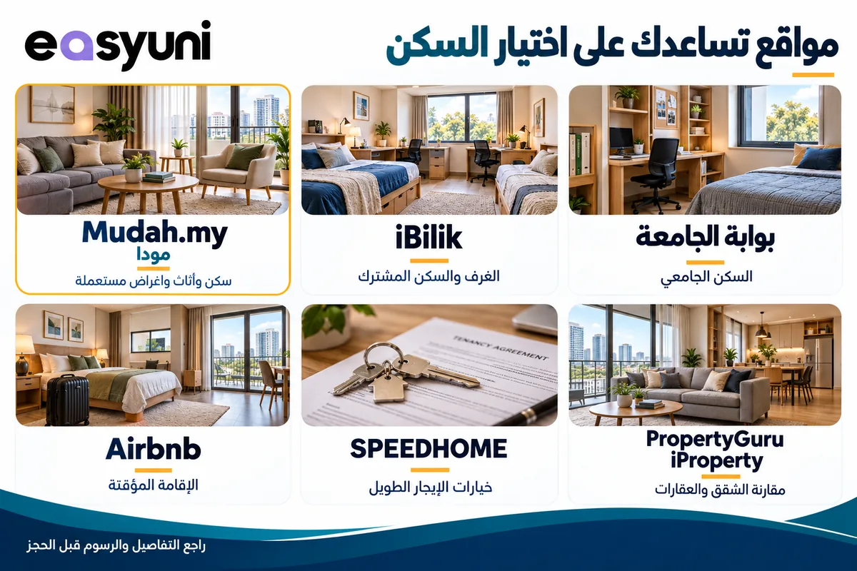 مواقع البحث عن السكن في ماليزيا: بوابة الجامعة وiBilik وMudah.my وPropertyGuru وiProperty وSPEEDHOME وAirbnb.