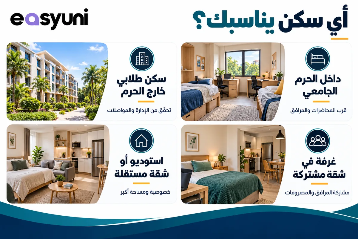 مقارنة خيارات السكن الطلابي في ماليزيا بين السكن داخل الحرم وخارجه والغرف المشتركة والشقق المستقلة.