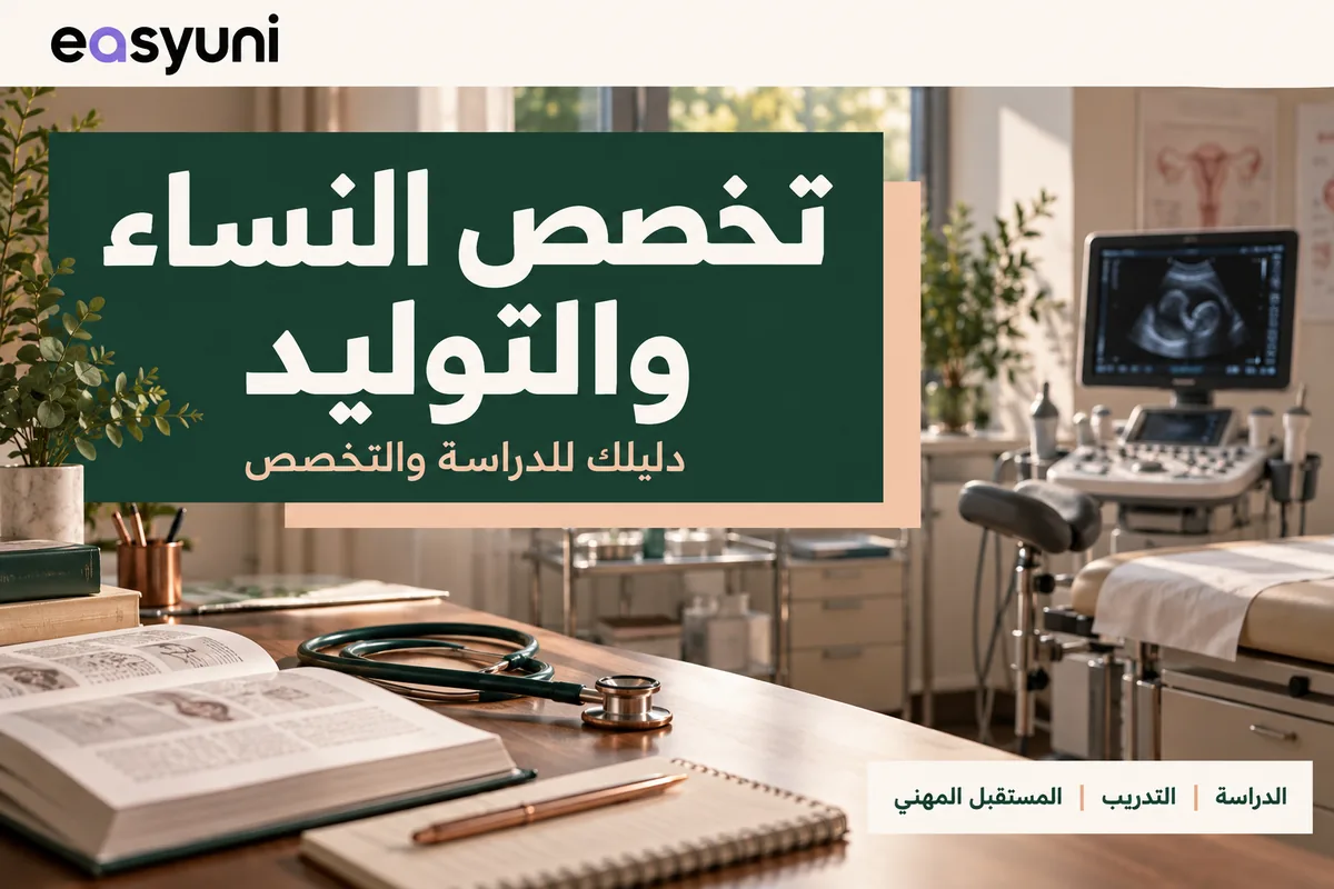 غلاف دليل تخصص النساء والتوليد، يضم مشهدًا توضيحيًا لغرفة فحص بجهاز موجات فوق صوتية وكتب طبية وسماعة طبيب.