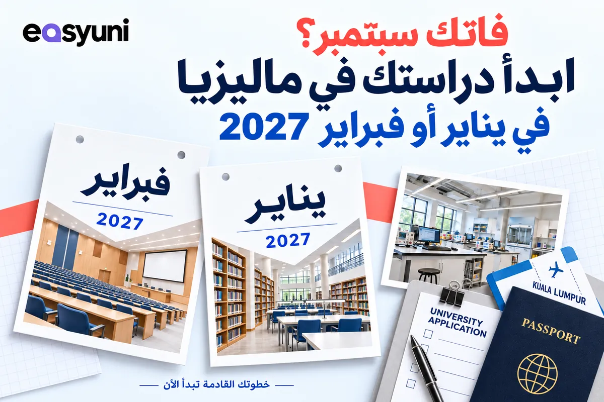 الاستعداد للدراسة في ماليزيا في يناير أو فبراير 2027، مع صور مرافق جامعية وجواز سفر وملف تقديم.