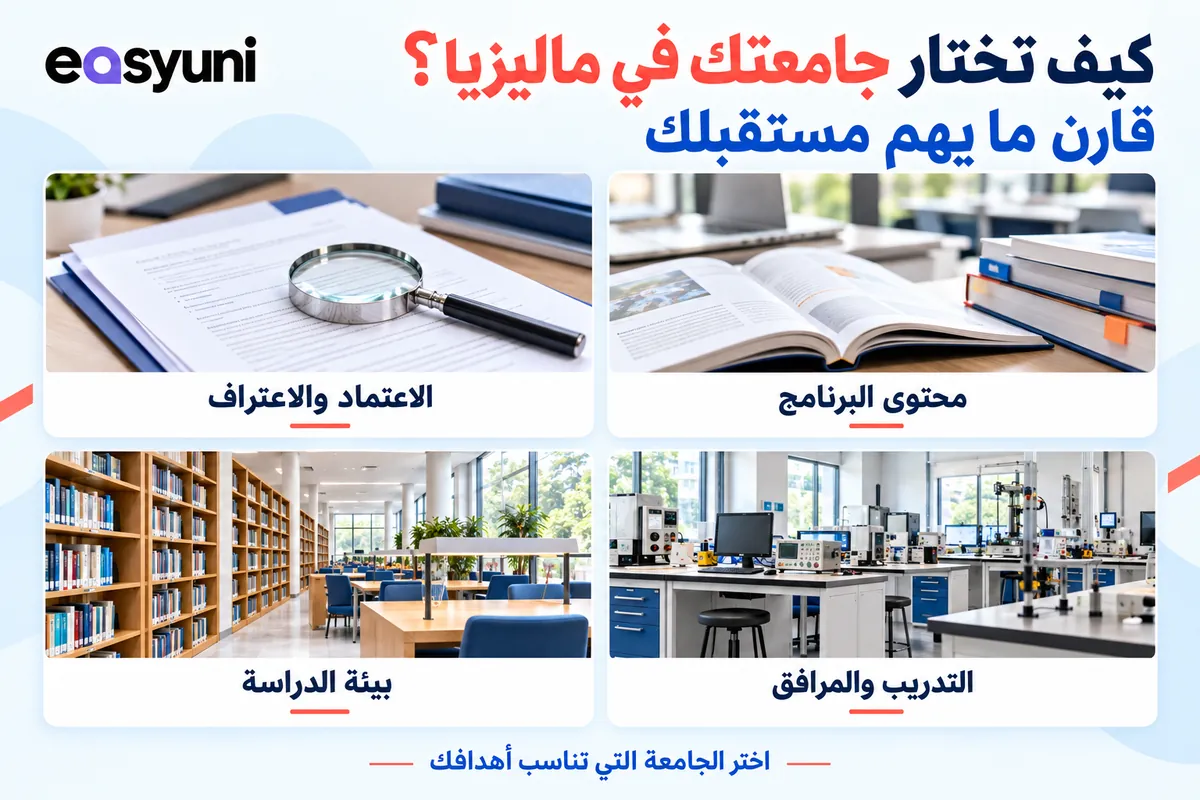 معايير اختيار الجامعة في ماليزيا: محتوى البرنامج، والاعتماد والاعتراف، والتدريب والمرافق، وبيئة الدراسة.