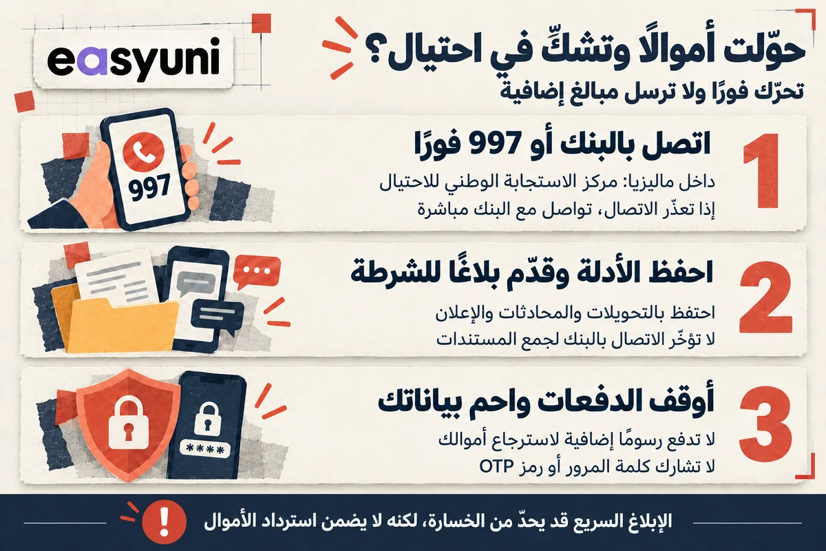 خطوات التصرف عند الاشتباه في احتيال السكن بماليزيا: الاتصال بالبنك أو 997، وحفظ الأدلة وإبلاغ الشرطة، وإيقاف الدفعات وحماية البيانات.