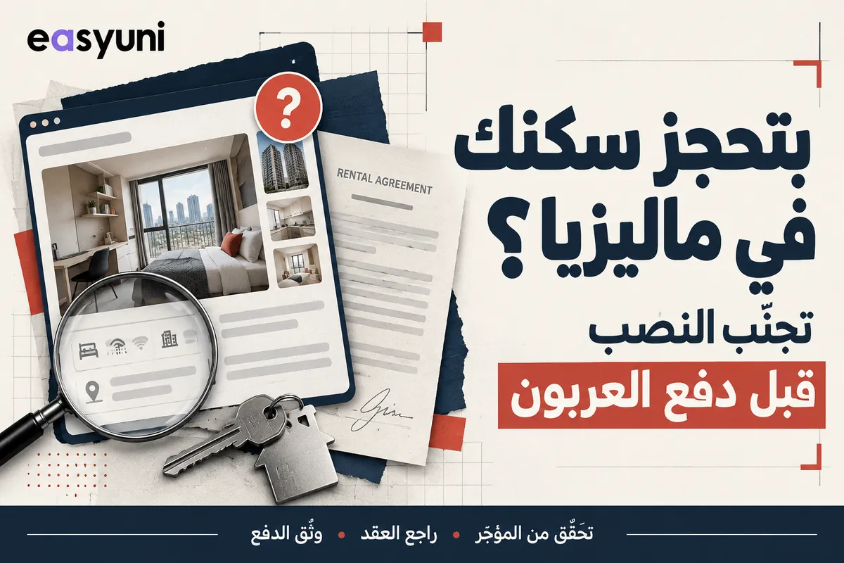 إعلان سكن طلابي في ماليزيا بجوار عقد إيجار ومفاتيح وعدسة مكبّرة، لتوضيح أهمية التحقق قبل دفع العربون وتجنّب النصب.