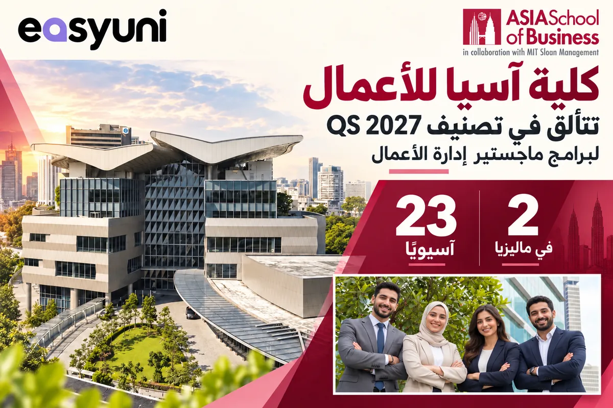 مبنى كلية آسيا للأعمال في ماليزيا مع صورة توضيحية لطلاب عرب وإبراز ترتيب برنامج MBA بالمركز 23 آسيويًا والثاني في ماليزيا بتصنيف QS 2027.
