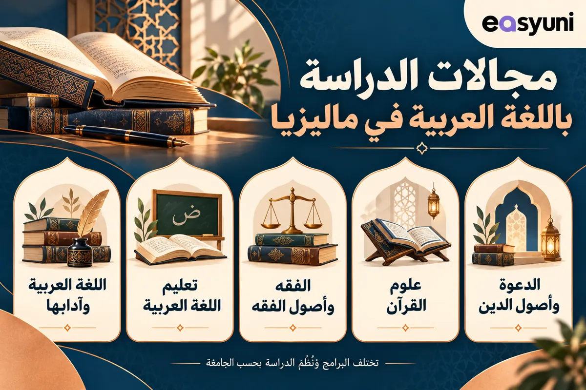 تخصصات الدراسة بالعربية في ماليزيا، وتشمل اللغة العربية وتعليمها والفقه وعلوم القرآن والدعوة.