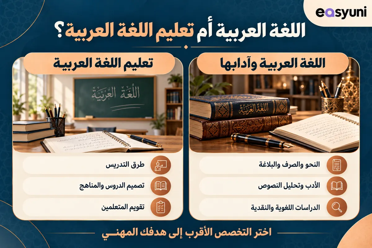 مقارنة بين تخصص اللغة العربية وآدابها وتخصص تعليم اللغة العربية من حيث مجالات الدراسة.