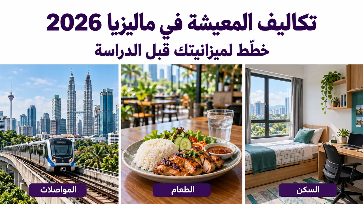 غلاف تكاليف المعيشة في ماليزيا 2026 يعرض غرفة طالب ووجبة طعام وقطارًا في كوالالمبور.