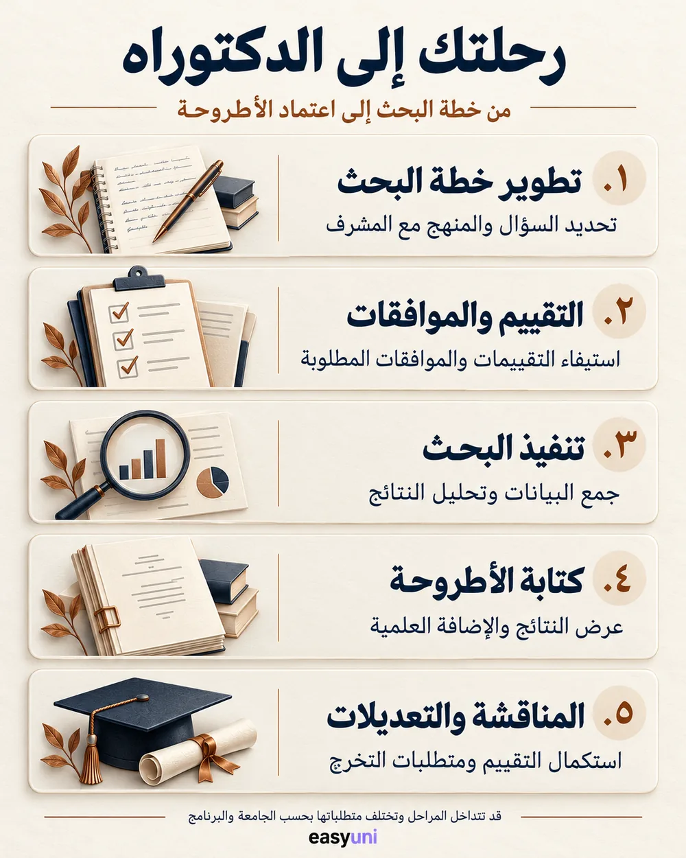 Loading older messages… ممتاز؟؟ كم ما فرص العمل بعد الحصول على الدكتوراه؟ تفتح الدكتوراه مسارات في البحث والتدريس والاستشارات والعمل المتخصص، لكن قيمتها المهنية ترتبط بتخصصك وخبرتك وجودة أبحاثك. لذلك، من الأفضل تحديد هدفك الوظيفي قبل اختيار البرنامج، حتى تبني خلال الدراسة المهارات والعلاقات التي تدعم هذا الهدف. التدريس والبحث الجامعي يمكن لخريج الدكتوراه التقدم إلى وظائف أكاديمية وبحثية بحسب شروط المؤسسة، وقد تشمل مهامه التدريس وإجراء الأبحاث والمشاركة في المشروعات العلمية. وتؤثر جودة المنشورات والخبرة التدريسية والتخصص المطلوب في فرص الحصول على هذه الوظائف. البحث والتطوير في الشركات يمكن توظيف المهارات البحثية في تطوير المنتجات والتقنيات وتحليل المشكلات المعقدة. ويعتمد المسار المناسب على تخصصك؛ فقد يرتبط بالهندسة أو الحوسبة أو العلوم أو غيرها، مع أهمية القدرة على تحويل نتائج البحث إلى تطبيقات مفيدة. الاستشارات وتطوير المؤسسات قد يستفيد أصحاب الخبرة المهنية من الدكتوراه في تقديم استشارات متخصصة، أو تقييم السياسات، أو تطوير الأداء واتخاذ القرارات المبنية على الأدلة. وتزداد فائدة الدراسة عندما يرتبط المشروع البحثي بتحديات فعلية في القطاع الذي يعمل فيه الباحث. كيف تربط دراستك في ماليزيا بمستقبلك المهني؟ عند مقارنة برامج الدكتوراه في الجامعات الماليزية، ابحث عن فرص تتناسب مع هدفك: المشاركة في مجموعة بحثية نشطة، أو التعاون مع جهات مهنية، أو اكتساب خبرة تدريسية، أو التدريب على أدوات متخصصة. واسأل عن مدى إتاحة هذه الفرص لطلاب البرنامج بدل افتراض أنها جزء مضمون من الدراسة. اختر موضوعًا تستطيع البناء عليه بعد التخرج، سواء كنت تخطط للعودة إلى بلدك أو استكشاف فرص دولية. فالدكتوراه قد تدعم تقدمك المهني، لكنها لا تضمن وظيفة أو زيادة محددة في الراتب، ولا تمنحك تلقائيًا حق العمل في بلد الدراسة. ماشي جلو أسئلة شائعة عن شهادة الدكتوراه هل الدكتوراه أصعب من الماجستير؟ تتطلب الدكتوراه عادةً قدرًا أكبر من الاستقلالية والتعمق البحثي وإدارة الوقت. ويكمن التحدي في صياغة سؤال بحثي أصيل والعمل عليه لفترة ممتدة، بينما تختلف طبيعة الماجستير بحسب كونه برنامجًا بالمقررات أو بالبحث. هل يمكن تغيير التخصص عند التقديم للدكتوراه؟ قد يكون ذلك ممكنًا إذا كانت خلفيتك الأكاديمية أو خبرتك البحثية مرتبطة بالمجال الجديد. وتقيّم الجامعة مدى استعدادك، وقد تطلب دراسة مقررات تكميلية أو مؤهل مناسب قبل القبول. لذلك، وضّح العلاقة بين دراستك السابقة وموضوع البحث الذي ترغب في تنفيذه. هل أحتاج إلى موضوع بحث نهائي قبل التقديم؟ ليس بالضرورة، لكن من المفيد امتلاك فكرة واضحة عن المجال والمشكلة التي تريد دراستها. تطلب بعض البرامج مقترحًا مفصلًا، بينما تسمح أخرى بتطوير الموضوع مع المشرف أو التقديم على مشروع بحثي محدد. هل الدكتوراه المهنية DBA خالية من الأطروحة؟ لا ينبغي افتراض ذلك؛ فبرامج DBA قد تجمع بين مقررات متقدمة وأطروحة بحثية تعالج مشكلة مهنية. راجع متطلبات البرنامج نفسه لمعرفة حجم العمل البحثي وطريقة تقييمه. هل يمكن إنهاء الدكتوراه في المدة المعلنة للبرنامج؟ يمكن ذلك عند استيفاء المتطلبات والتقدم وفق الخطة، لكن المدة الفعلية تتأثر بتنفيذ البحث والتقييم والتعديلات. اسأل الجامعة عن المدة المعتادة للتخرج ورسوم التمديد قبل وضع ميزانيتك. ابدأ التخطيط لدراسة الدكتوراه في ماليزيا هل لديك مؤهل مناسب وفكرة بحث ترغب في تطويرها؟ خطوتك التالية هي تحديد برامج في ماليزيا تتوافق مع تخصصك وميزانيتك وموعد بدء الدراسة. تواصل مع مستشار إيزي يوني، وشارك تخصصك، وأعلى مؤهل حصلت عليه، واهتماماتك البحثية، والميزانية التي خصصتها للدراسة والمعيشة. تساعد هذه المعلومات على توجيهك إلى خيارات مناسبة في الجامعات الخاصة الماليزية وتوضيح متطلبات التقديم عليها. عايزين صور داخلية متماشية مع الوان الغلاف وبردو يكون انفوجرافيك يساعد الطالب عايزة صيغة webp بحجم صغير وعايزة الالت تيكست تحميل الإنفوجرافيك بصيغة WebP — الحجم حوالي 110 كيلوبايت. الالت تيكست: إنفوجرافيك يوضح مراحل دراسة الدكتوراه، من تطوير خطة البحث والتقييم والموافقات إلى تنفيذ البحث وكتابة الأطروحة والمناقشة والتعديلات. مراحل-دراسة-الدكتوراه.webp Image Dragging was cancelled. Draggable item sidebar-section:chats was dropped. ⋮⋮⋮⋮⋮⋮⋮⋮