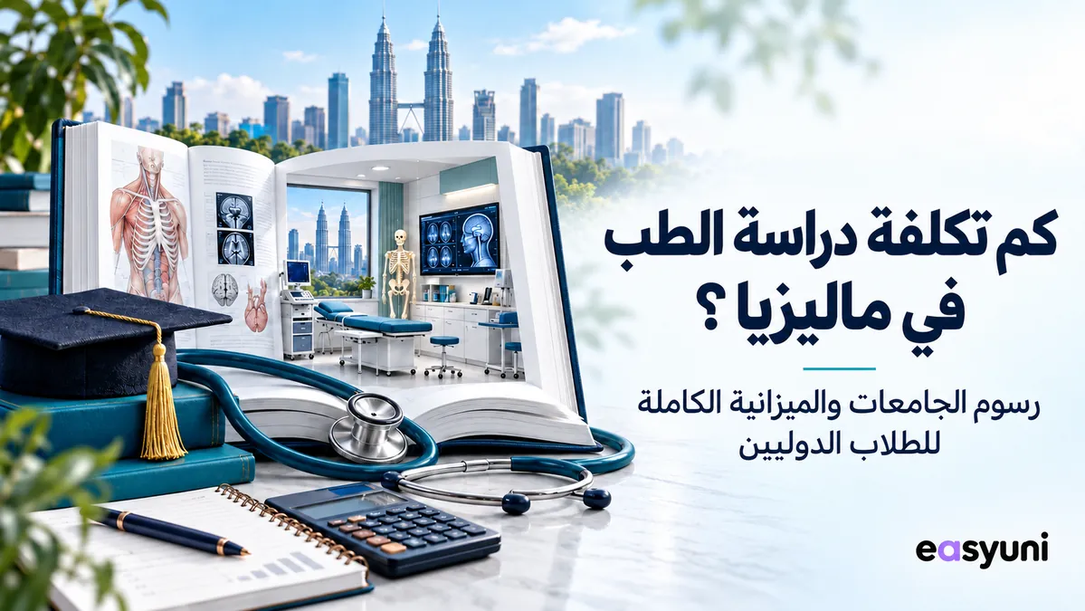 تكلفة دراسة الطب في ماليزيا للطلاب الدوليين، بتصميم يجمع كتابًا طبيًا وسماعة طبيب وآلة حاسبة أمام معالم كوالالمبور.