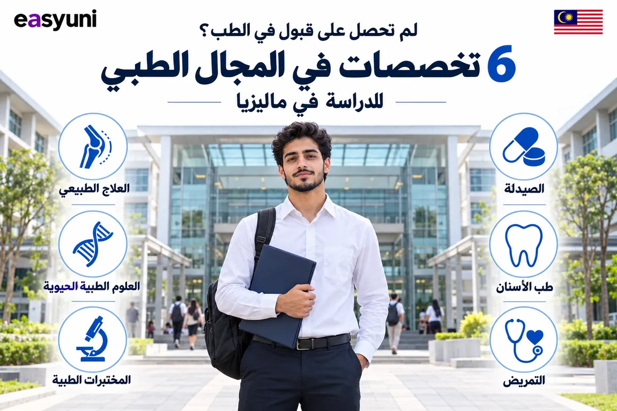 طالب أمام مبنى جامعي تحيط به أيقونات تخصصات الصيدلة وطب الأسنان والتمريض والعلاج الطبيعي والعلوم الطبية الحيوية والمختبرات الطبية للدراسة في ماليزيا.
