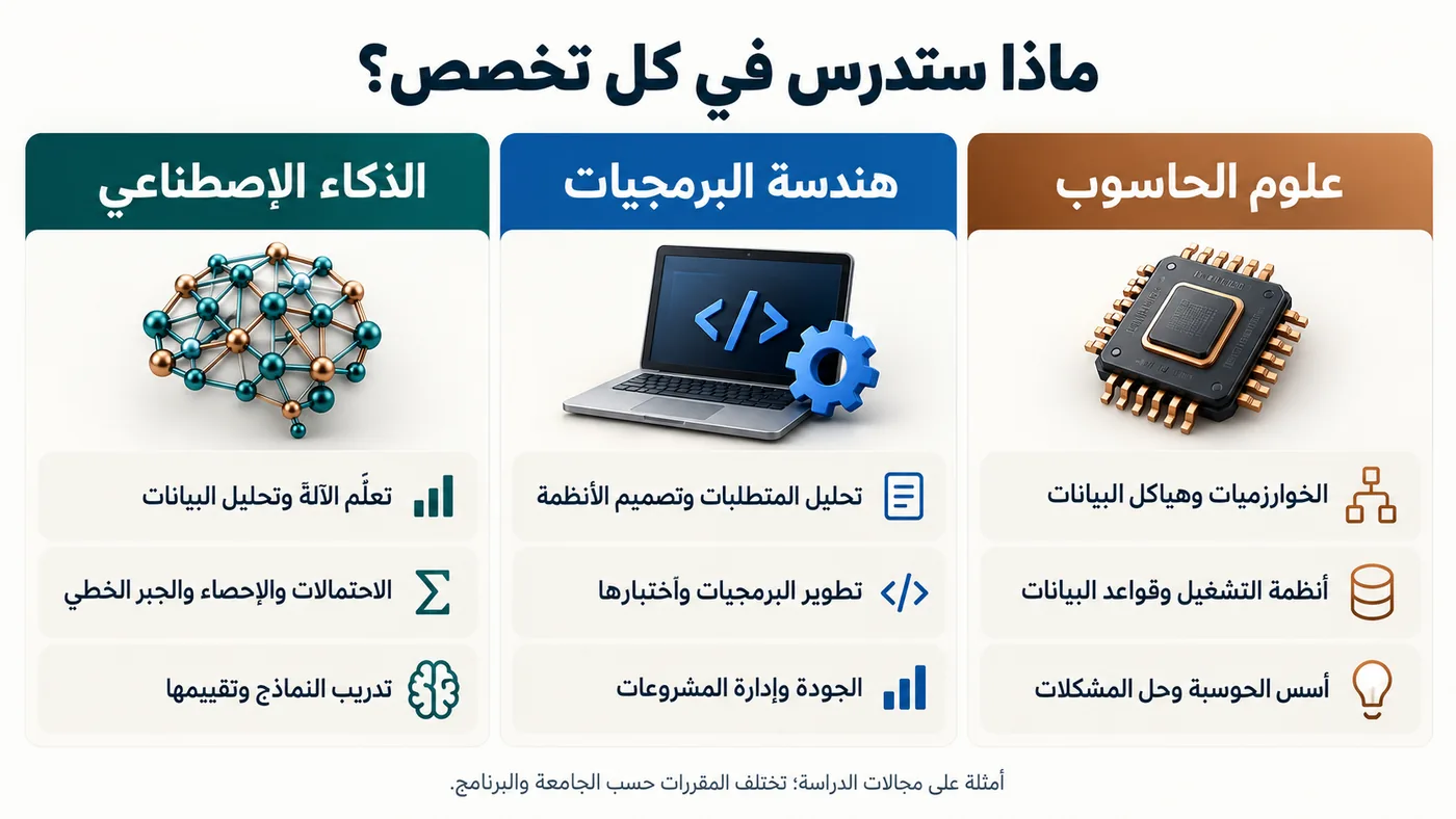 مقارنة مجالات الدراسة في علوم الحاسوب وهندسة البرمجيات والذكاء الاصطناعي، من الخوارزميات وتطوير البرامج إلى تدريب النماذج وتحليل البيانات.