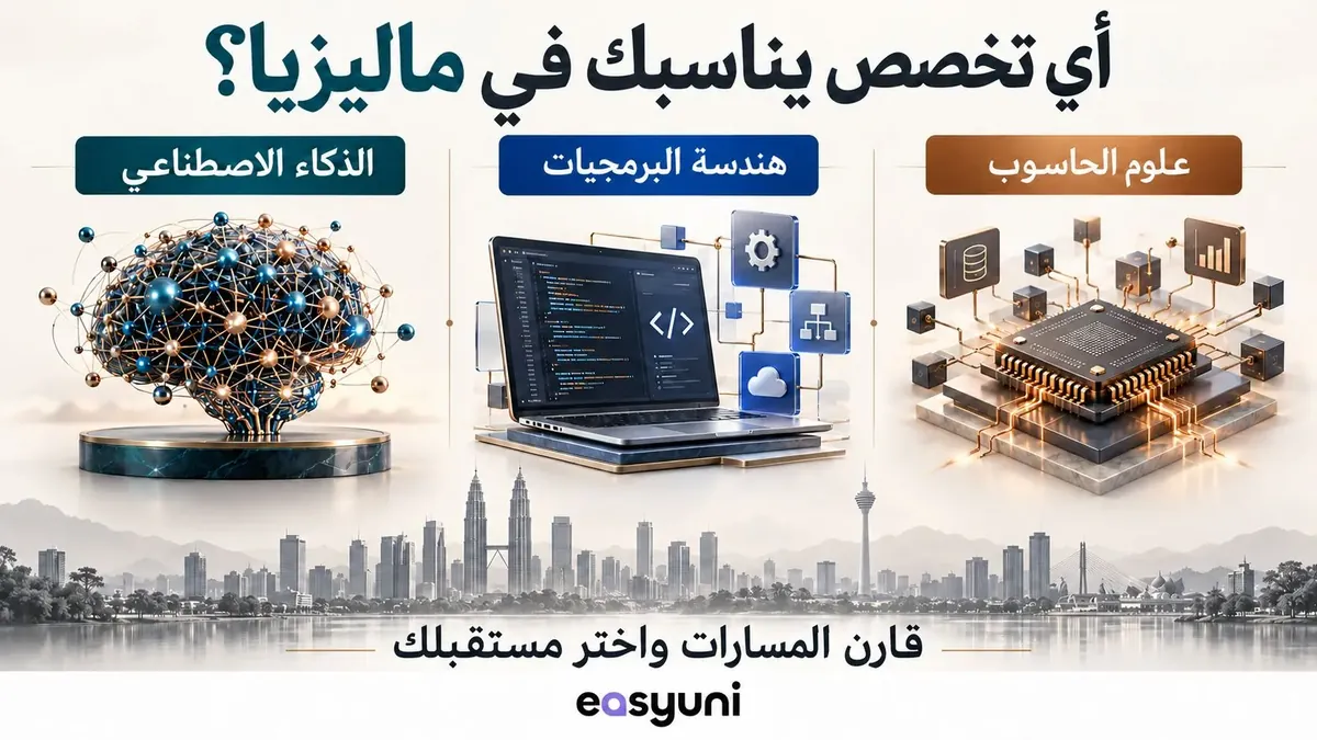 مقارنة بين علوم الحاسوب وهندسة البرمجيات والذكاء الاصطناعي للدراسة في ماليزيا، مع رموز للتخصصات الثلاثة وخلفية لمدينة كوالالمبور.