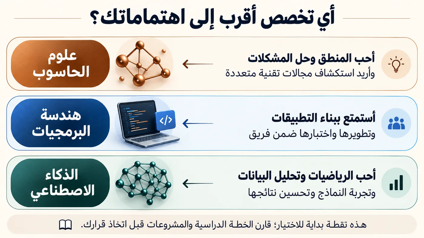 دليل لاختيار علوم الحاسوب أو هندسة البرمجيات أو الذكاء الاصطناعي بحسب الاهتمام بحل المشكلات وبناء التطبيقات والرياضيات وتحليل البيانات.