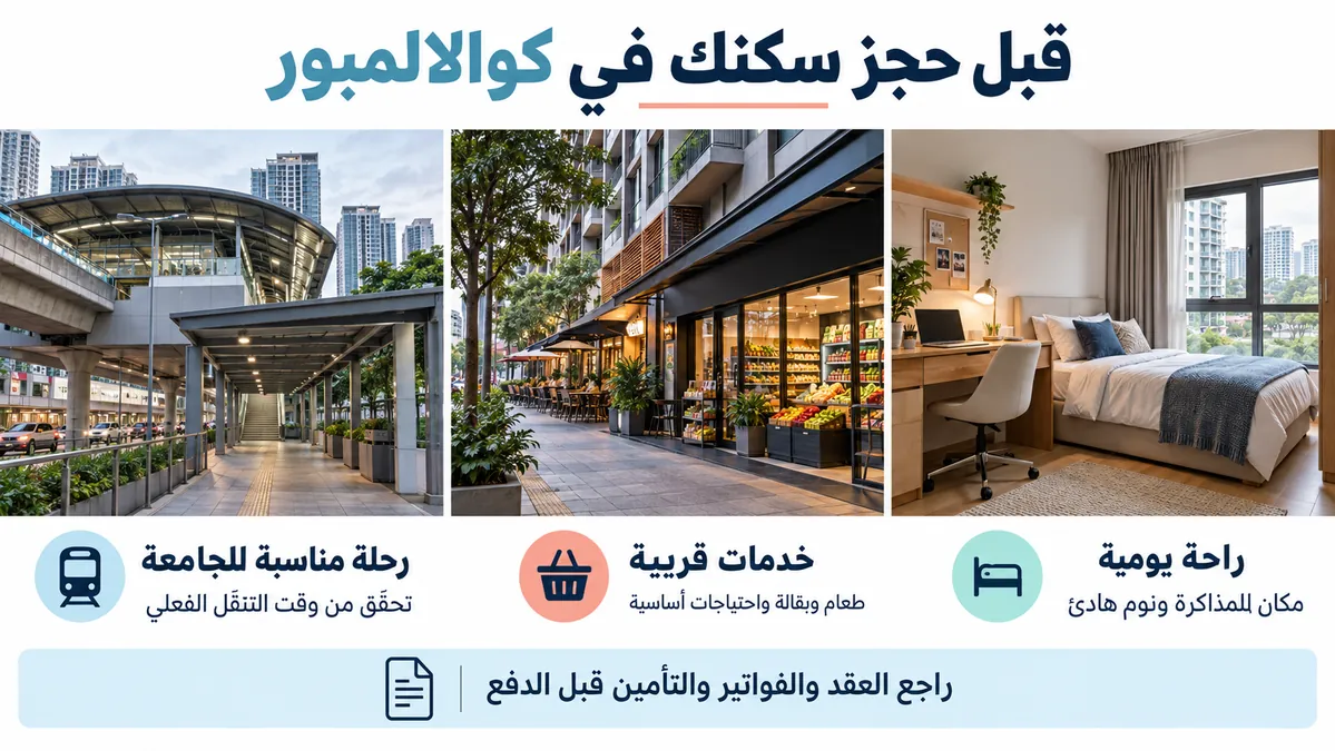 دليل توضيحي لاختيار السكن الطلابي في كوالالمبور، يشمل راحة الغرفة وقرب الخدمات وسهولة الوصول إلى الجامعة ومراجعة العقد قبل الدفع.